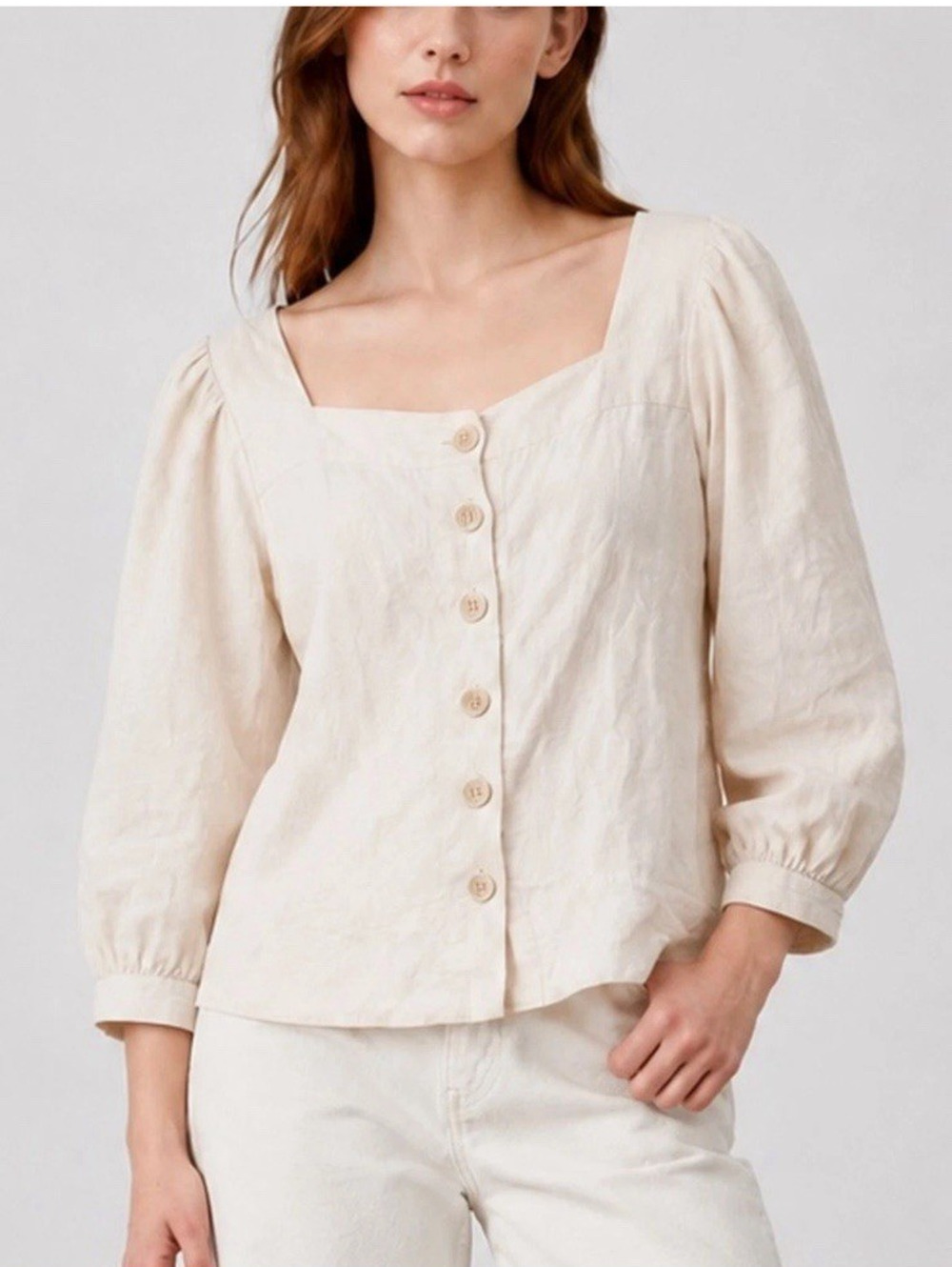 J Crew Blouse Womens Medium 100% Linen Cream Top Button Front Puff Sleeve Shirt